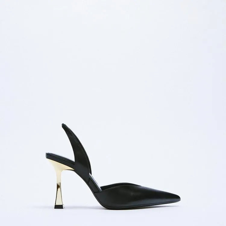 Korean-style women's pointed high heels in patent leather with shallow mouth cut, black and apricot colours