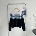 Women's contrast colour jacquard thick sweater coat in loose free size fit.