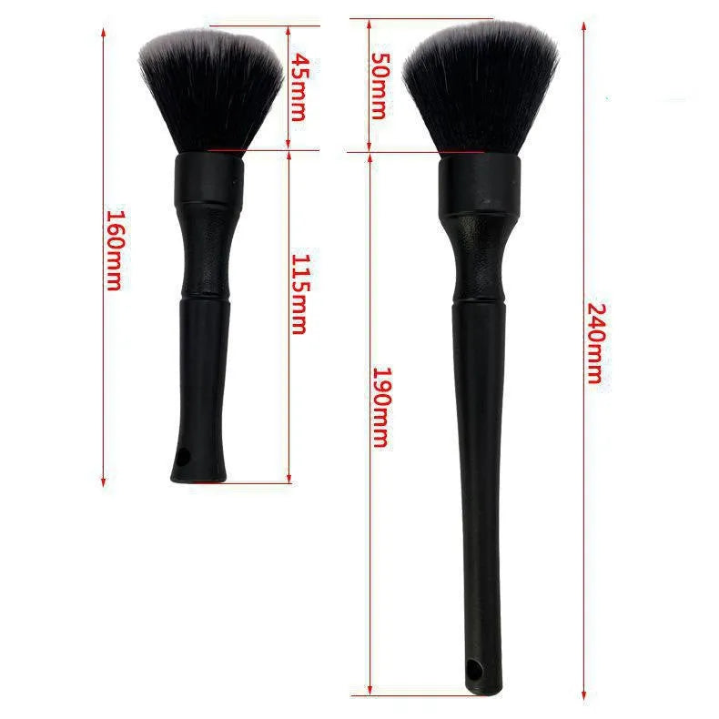 Black car detailing brush with super soft pig hair bristles shown in two size options for interior cleaning