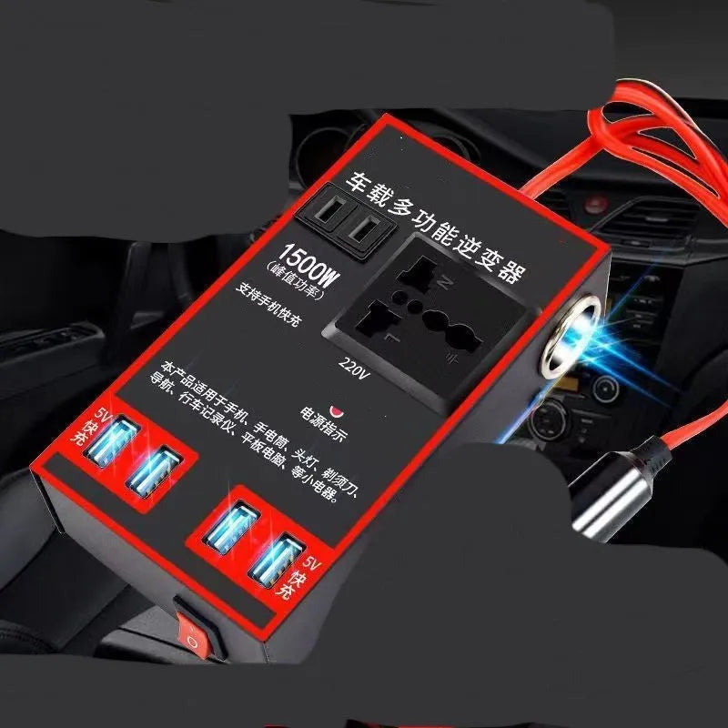 Black automotive power converter transforming 12V/24V car power to 220V AC with USB charging ports.