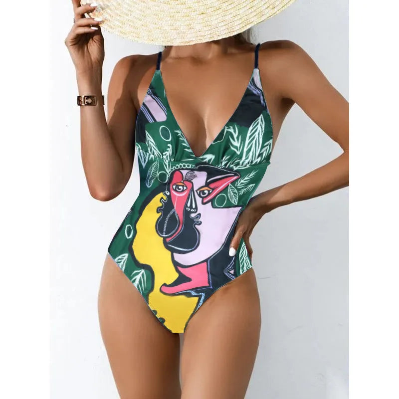 Women's plus size printed one-piece swimsuit in blue with high elasticity spandex lining