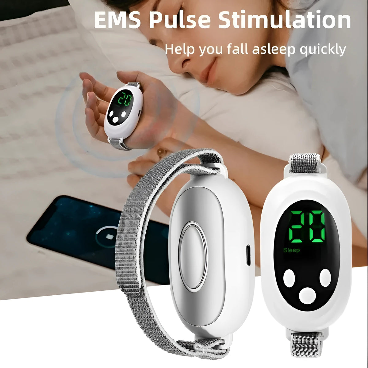 White sleep aid device with handheld remote control showing 20 gear settings and USB charging cable