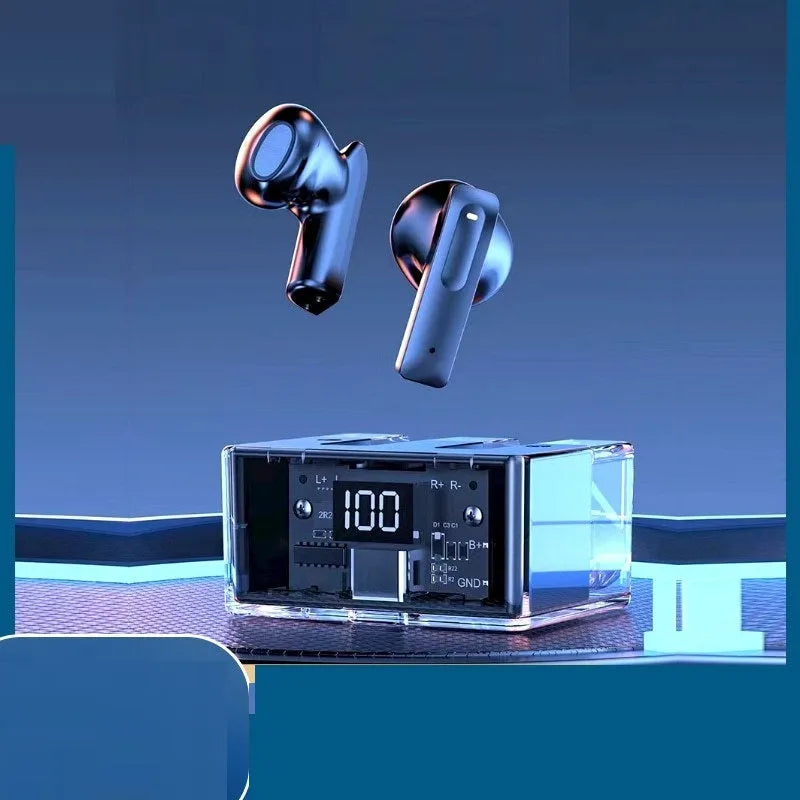 Transparent space capsule case Bluetooth earbuds with digital display in five colour options