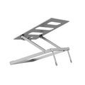 Silver aluminium alloy folding laptop cooling rack on a wooden desk.