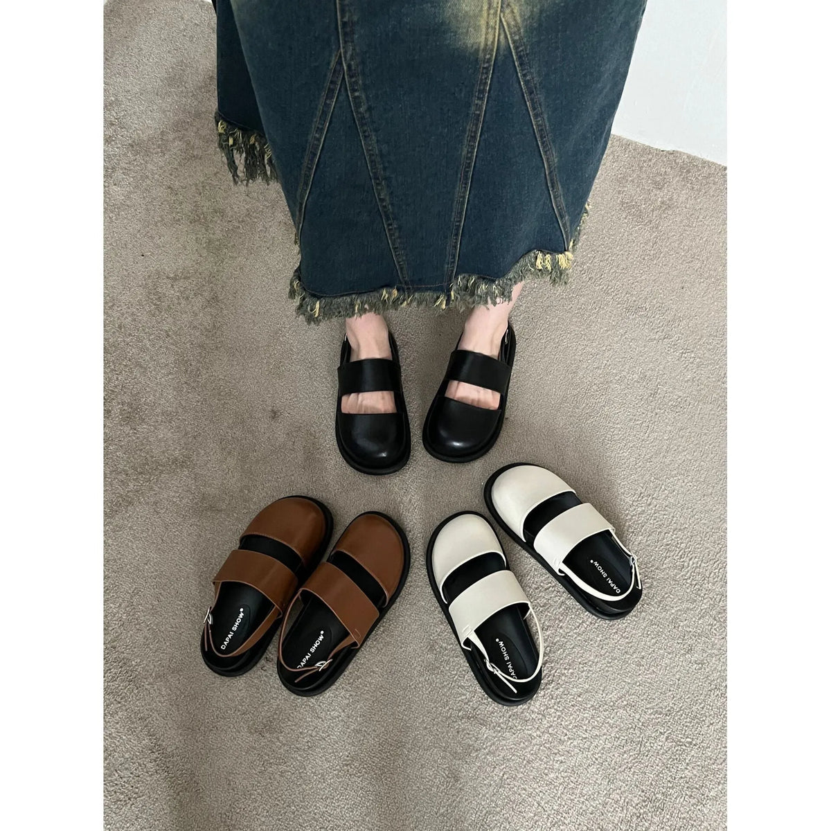 Retro brown women's ankle-strap buckle sandals with a closed toe and microfiber upper.