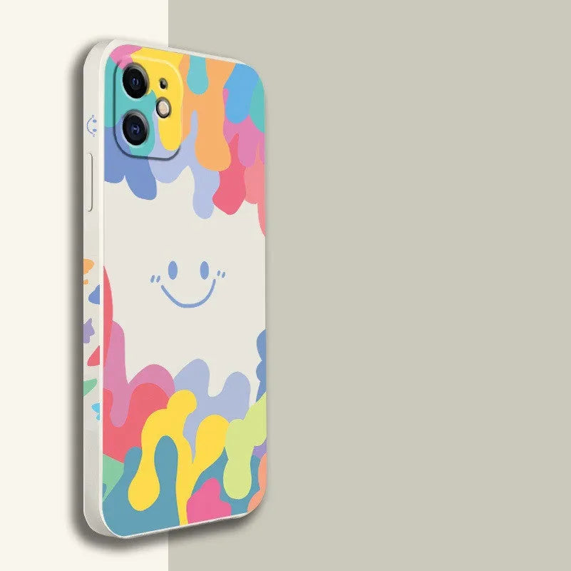 Colourful rainbow smiley face design on white TPU iPhone case with attached lanyard