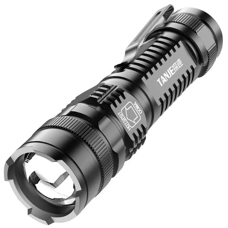 Black mini telescopic aluminium LED flashlight with adjustable focus and pocket clip