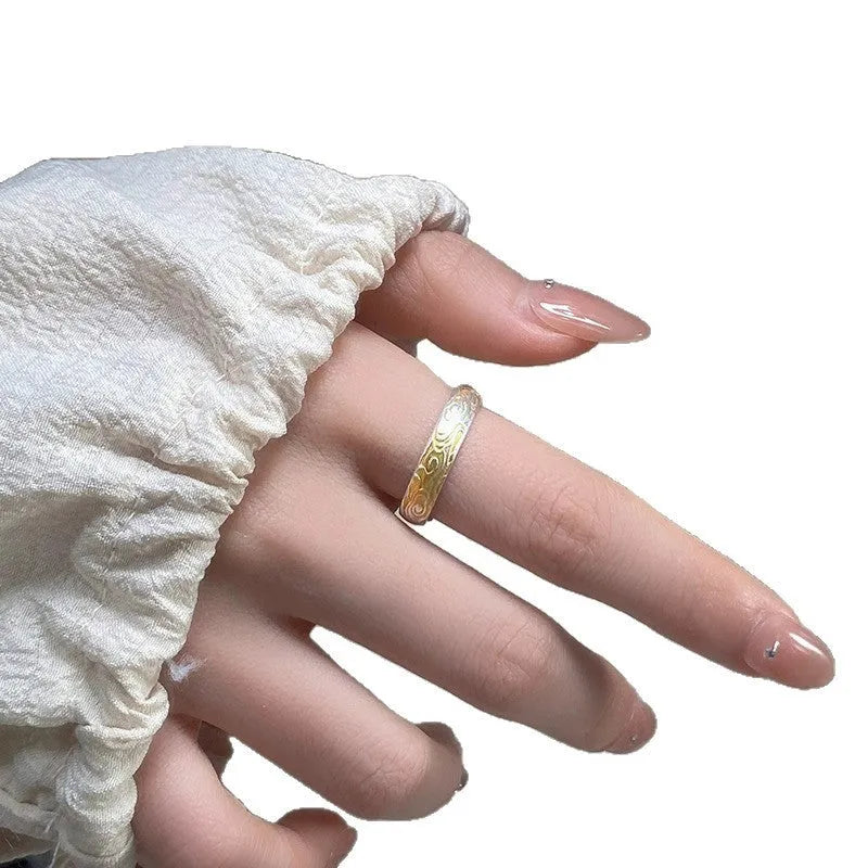 Adjustable open mouth ring with Xiangyun pattern in gold electroplated finish
