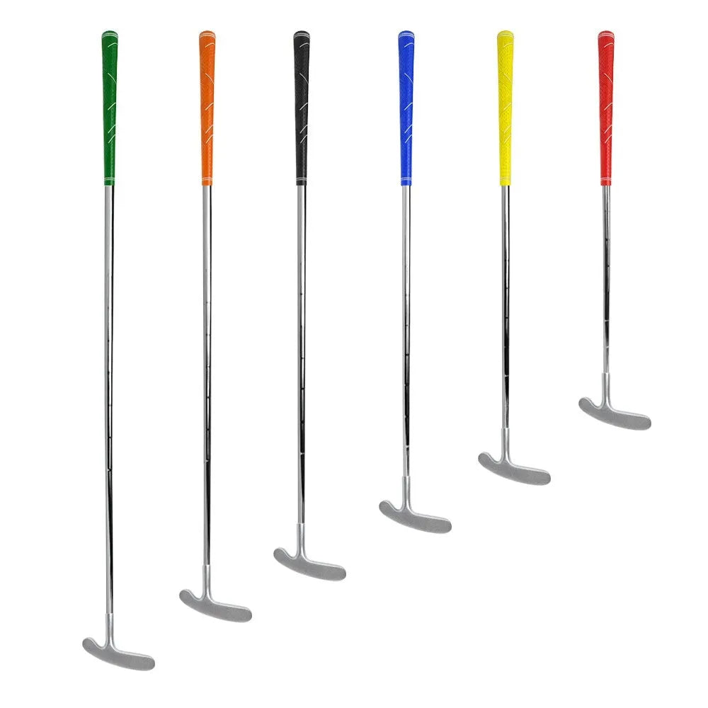 Golf putter with stainless steel shaft, double-sided sleeve head, and pattern grip in six colours and four lengths.