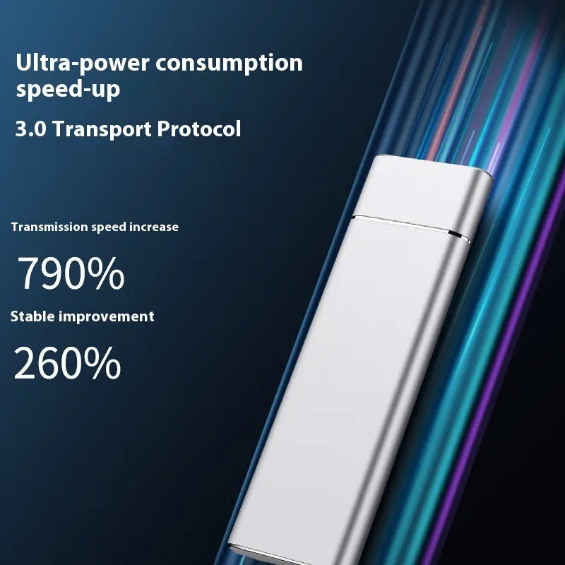 Sapphire blue portable external hard drive with metal shell showing USB connection cable