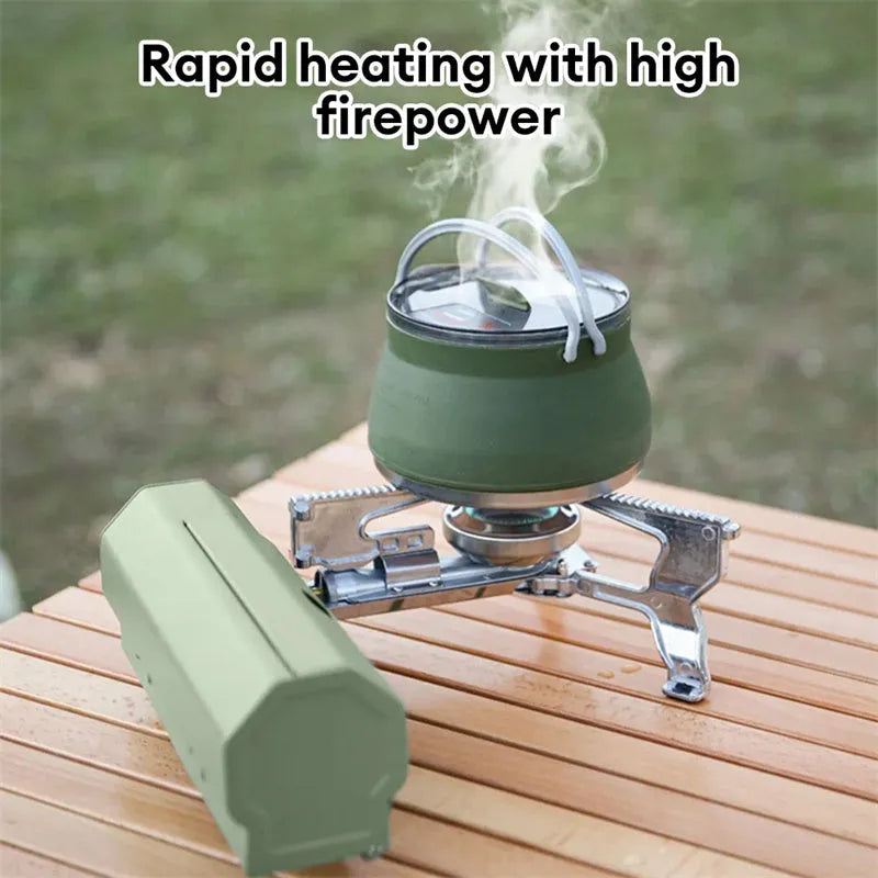 Green folding camping gas stove with serrated cooking bracket and adjustable control valve