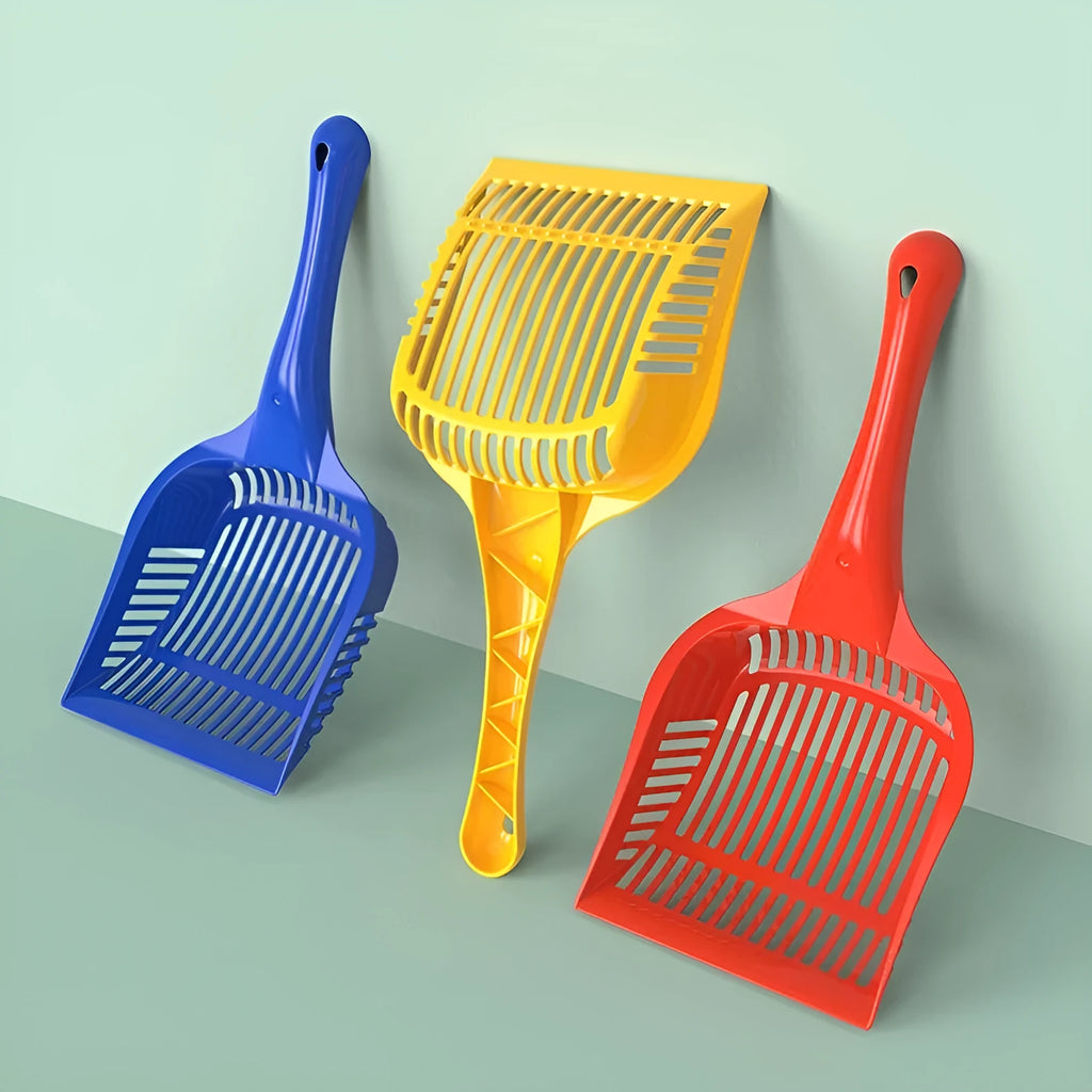 Red, yellow, and blue plastic cat litter scoops in two size options for toilet cleaning.