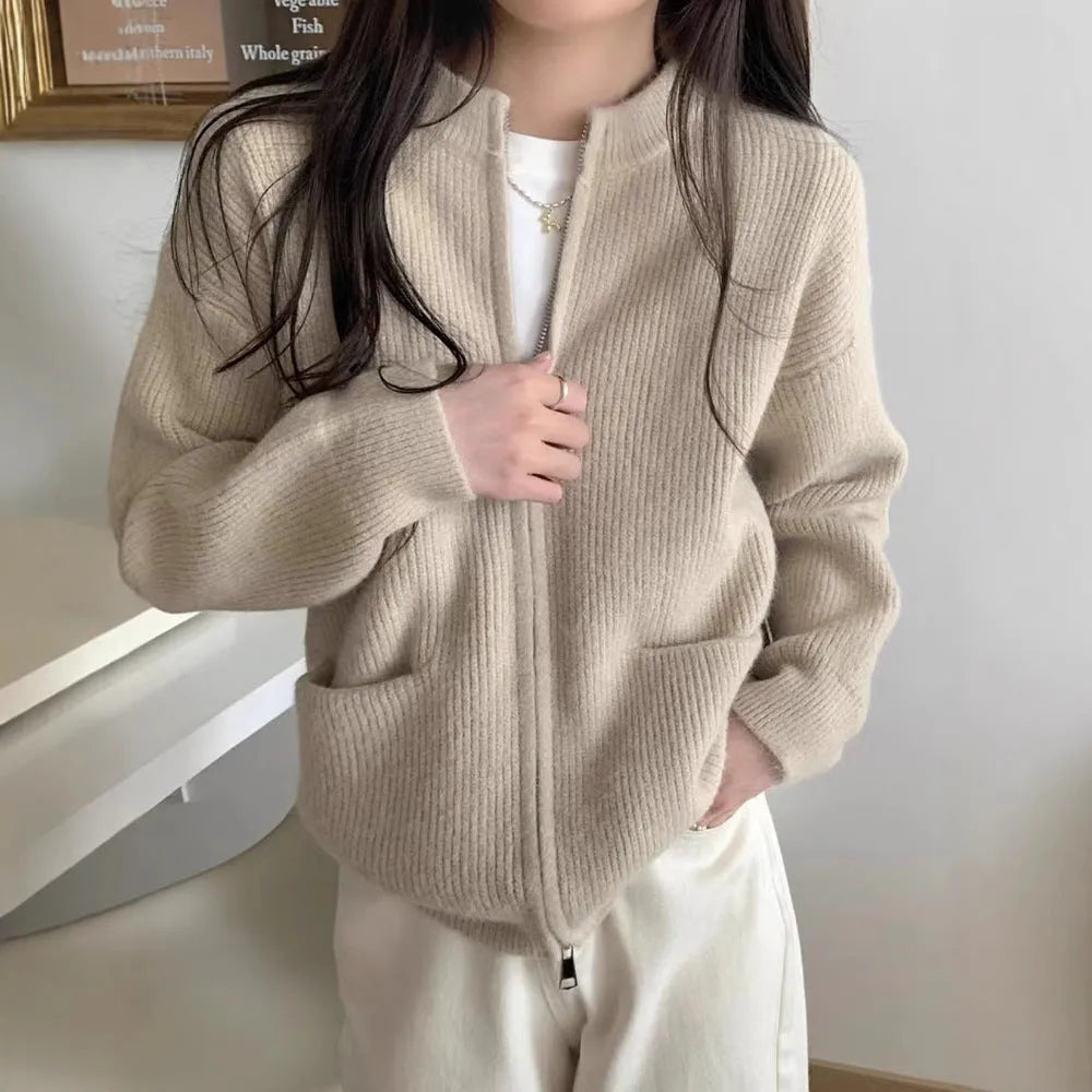 Beige temperature-sensitive viscose fibre long sleeve cardigan coat shown open