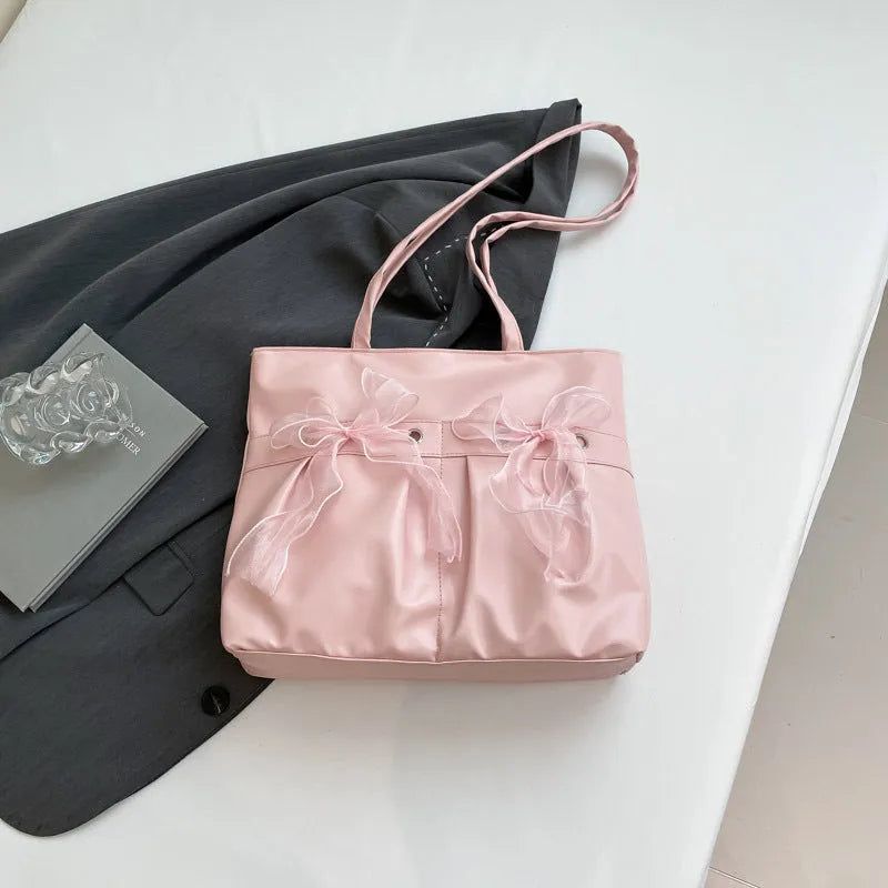 College style bow tote bag with large capacity and adjustable double shoulder straps