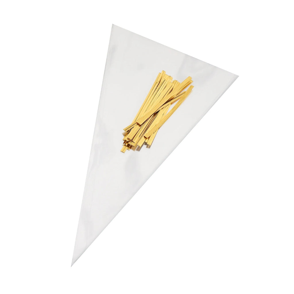 Clear triangular plastic gift bags with visible tie wire closure in three different size options