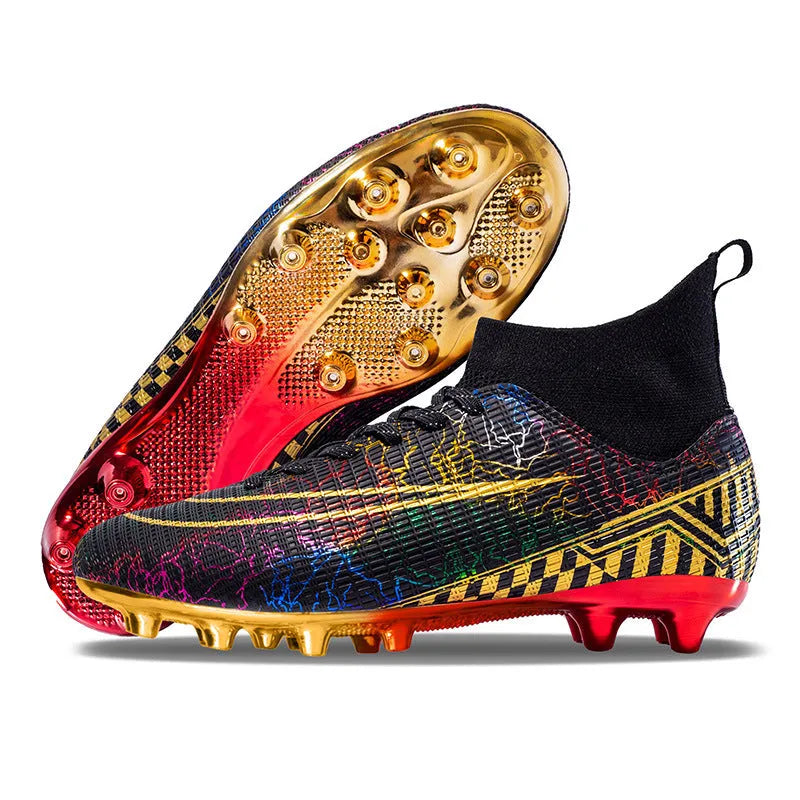 High-top football training shoes with gold-plated PVC soles in black, white and mandarin duck colours