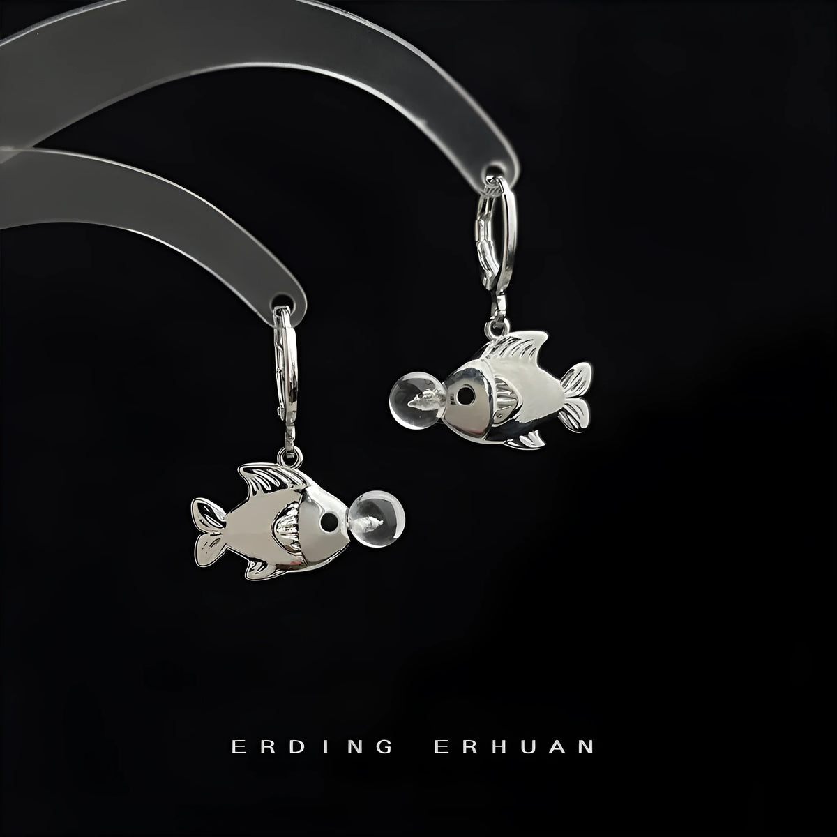 Bubble fish design drop earrings with goldfish animal modelling in electroplated copper construction