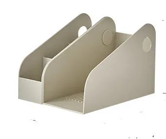 Plastic desktop storage box with two internal shelves in milk coffee colour.