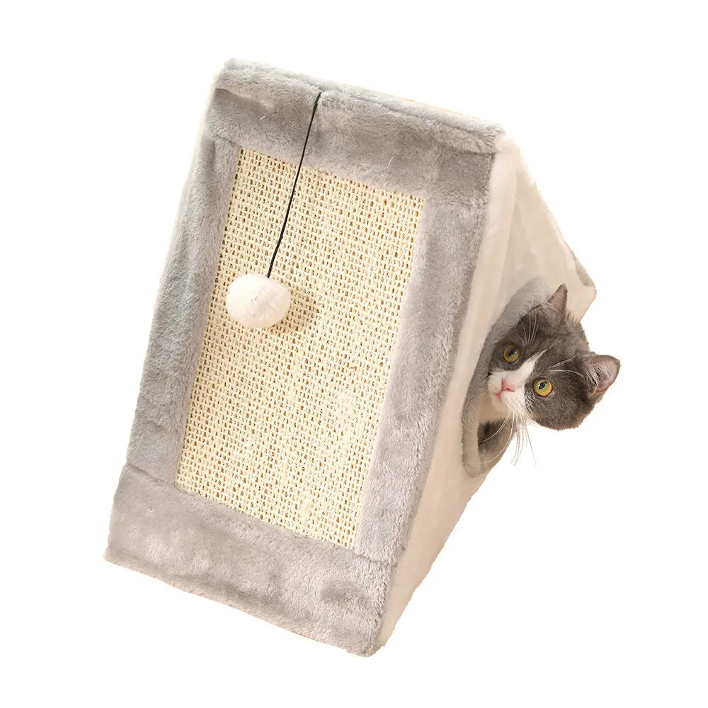 Triangle-shaped grey and white cat bed with sisal scratching sides and a soft plush sleeping area.