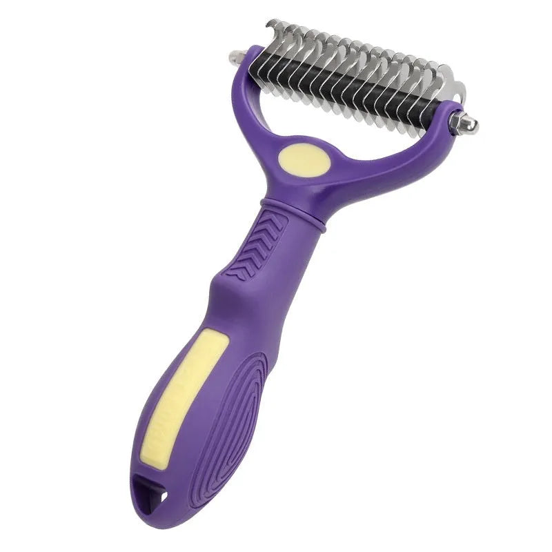 Purple plastic double-sided pet comb for detangling and grooming dog fur.