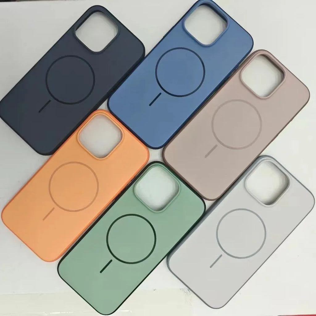 Blue frosted magnetic iPhone case with a contrasting AI camera button on the side.