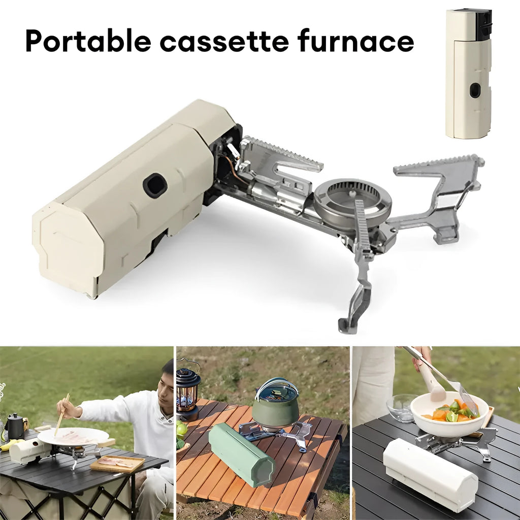 Green folding camping gas stove with serrated cooking bracket and adjustable control valve