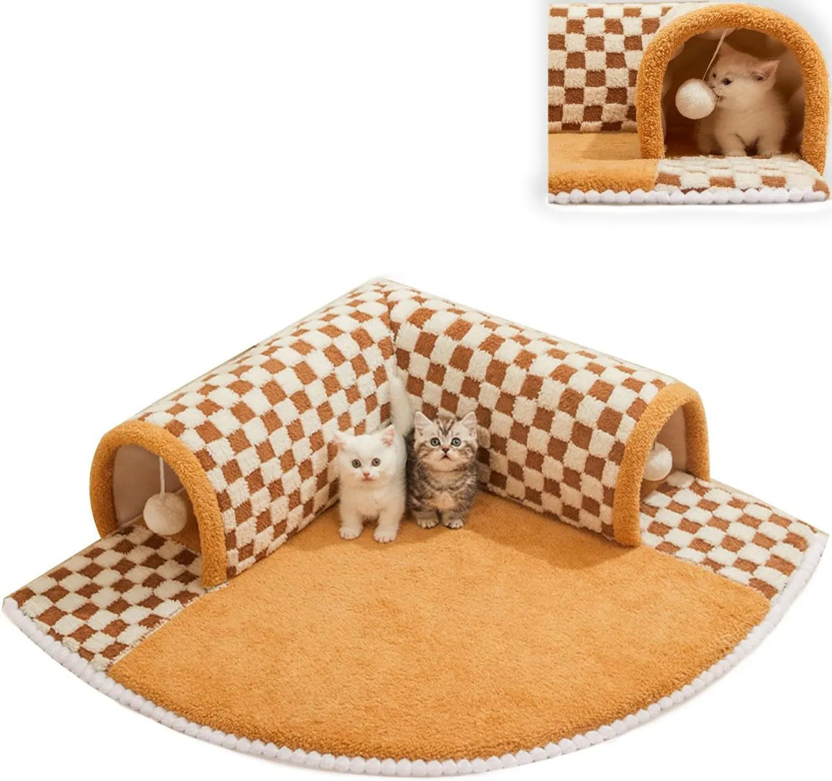 Brown plush plaid cat tunnel bed with central mat, showing collapsible tube design for indoor cats