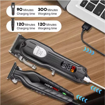 Black professional hair clipper set with LED display and adjustable length settings.