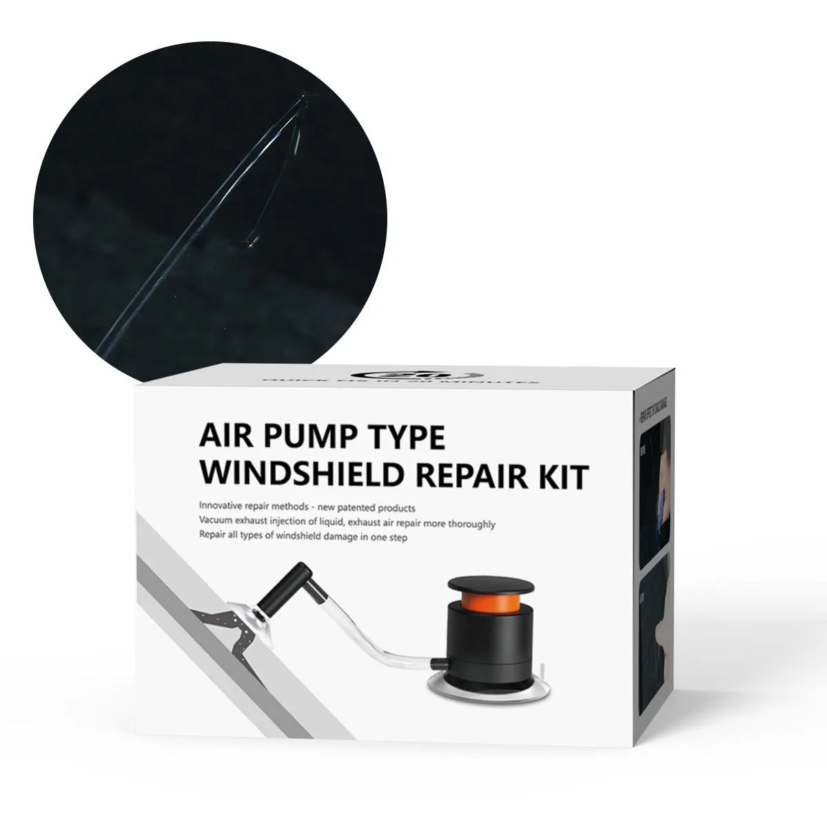 Car windscreen crack repair tool kit with plastic applicator and glass corrector resin bottle