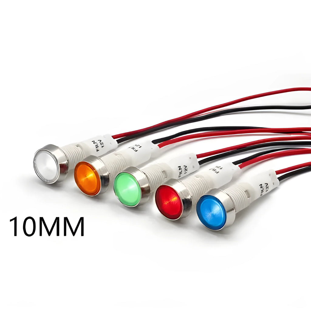 10mm stainless steel edge plastic indicator light with wire in blue, green, red, white, or yellow.