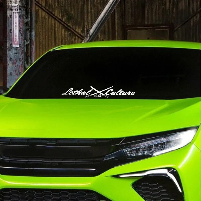 Yellow and white car rear windshield sticker with custom letters and numbers in two size options.