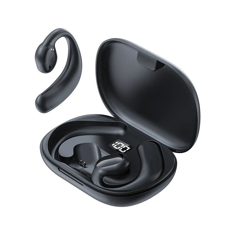 Black and white ear-mounted Bluetooth headset with digital display screen showing non in-ear design