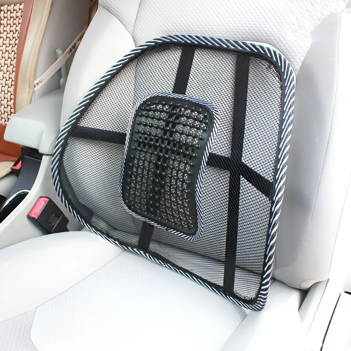 Black leather car lumbar support pillow showing steel frame structure and 41x39 cm dimensions