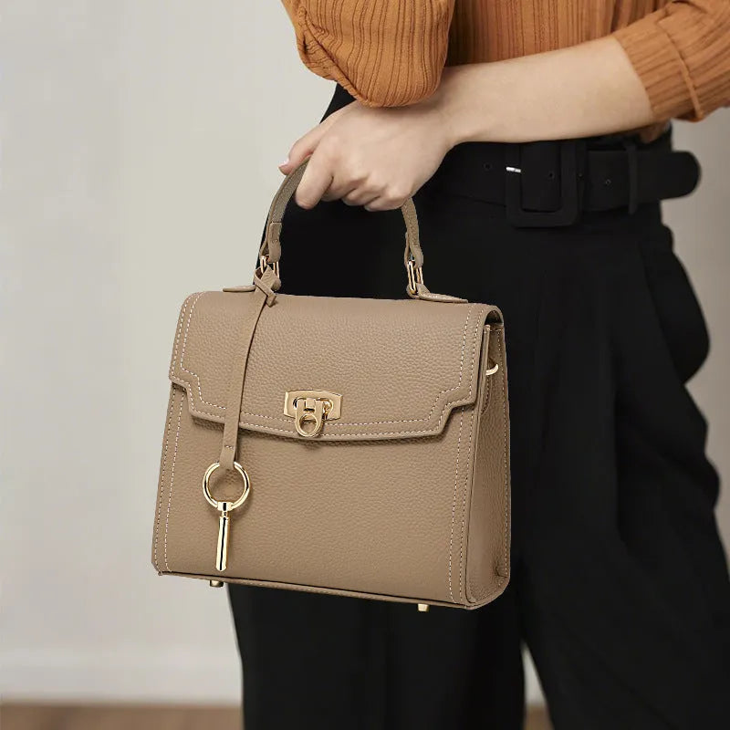 Elephant grey vintage lock handbag with litchi pattern cowhide leather and double shoulder straps