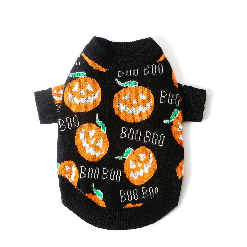 Black dog sweater with orange pumpkin pattern for Halloween in multiple sizes