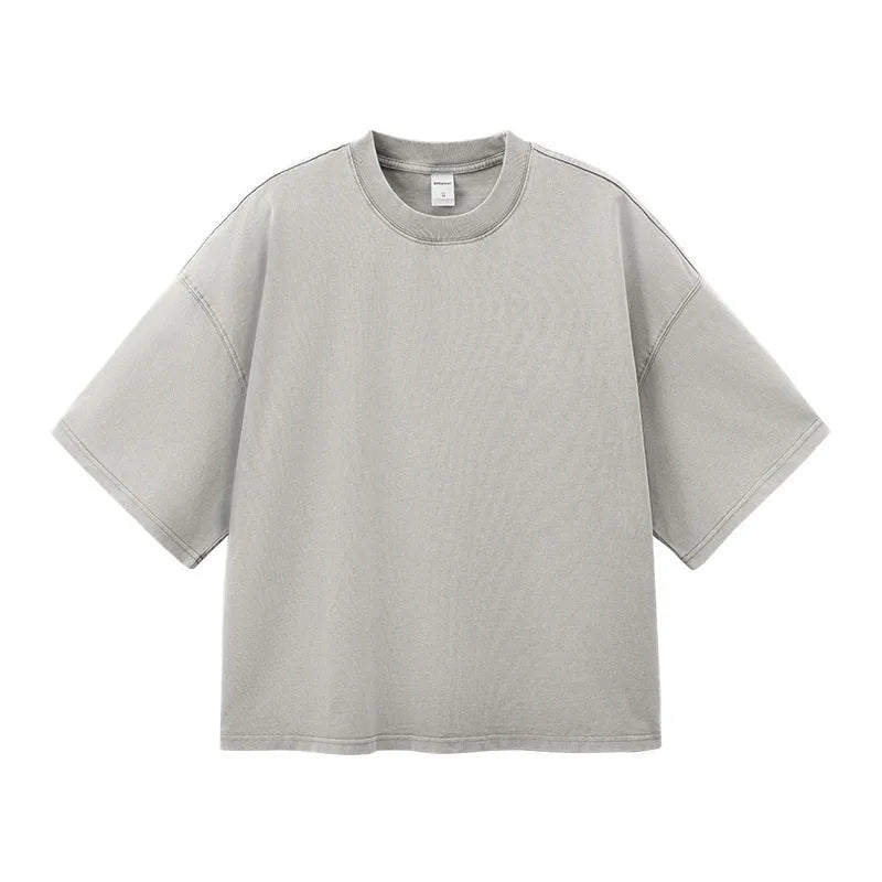 Men's washed-out vintage cotton T-shirt loose fit drop-shoulder sleeves khaki light colour