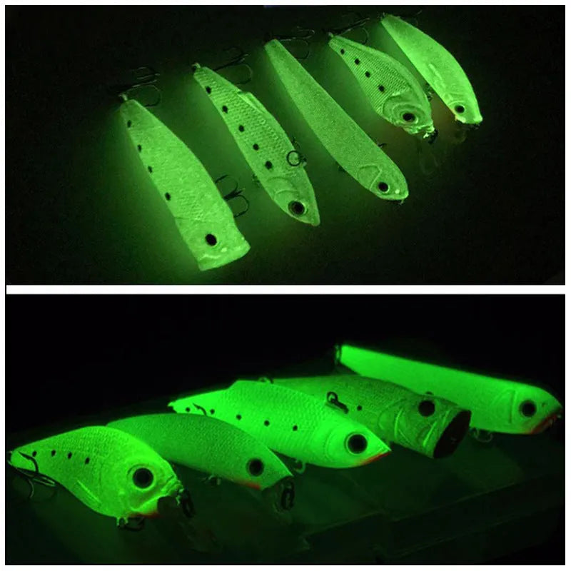 Five 3D fluorescent hard bait fishing lures with luminous effects in multi-colour set packaging