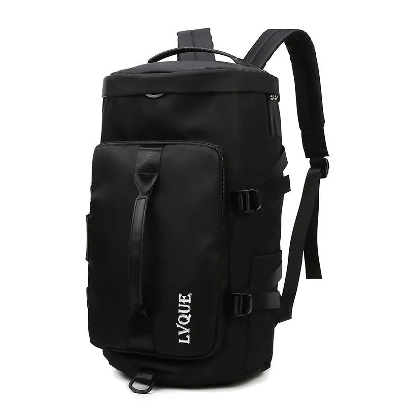 Black convertible nylon gym bag showing backpack, shoulder bag, and handbag modes with separate shoe compartment.