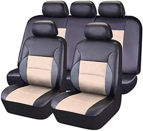 Artificial leather car seat cover set shown in a choice of colours including black, grey and beige.