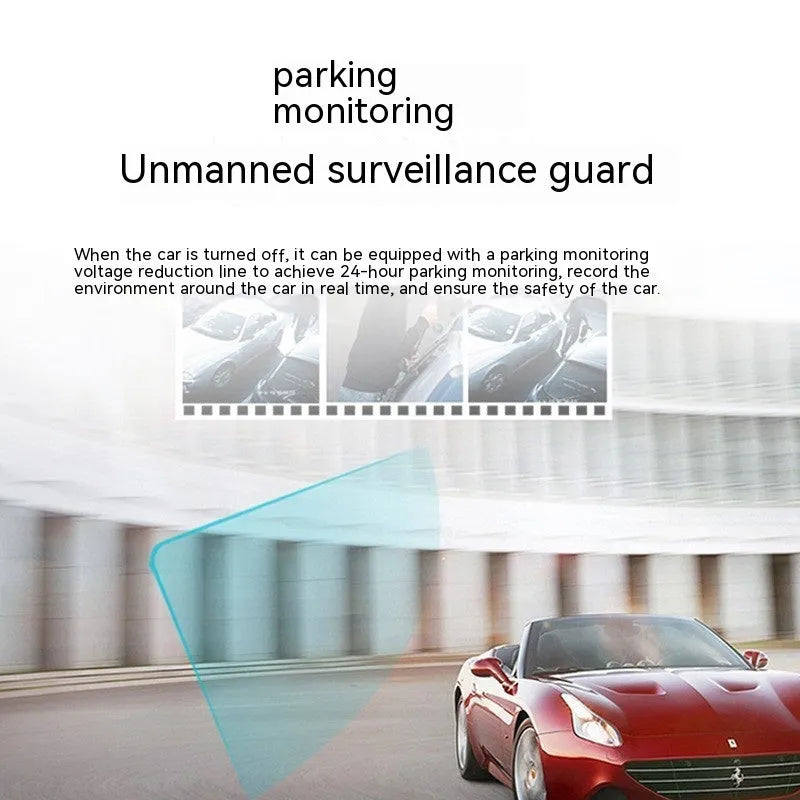 Black car dash camera with 5 inch screen showing road recording display