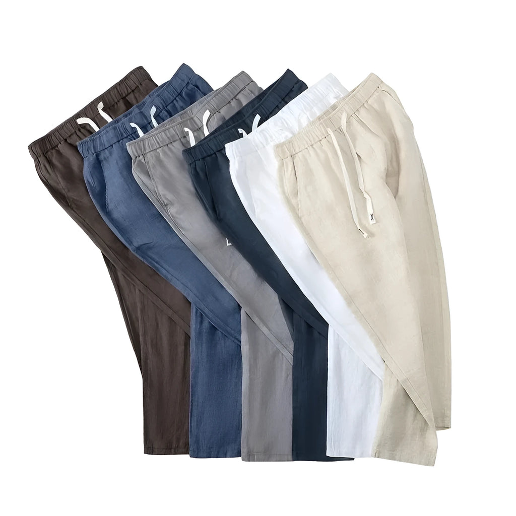 Pure linen Chinese-style trousers with elastic waist in straight leg cut, available in multiple colours