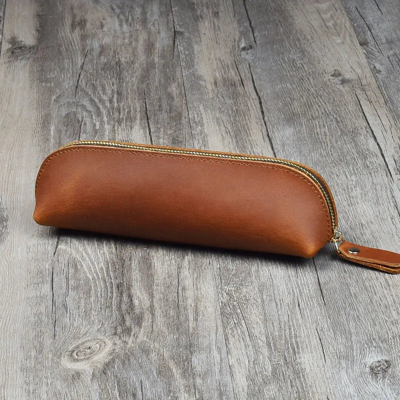 Genuine cowhide leather handmade square storage case with zipper in black colour