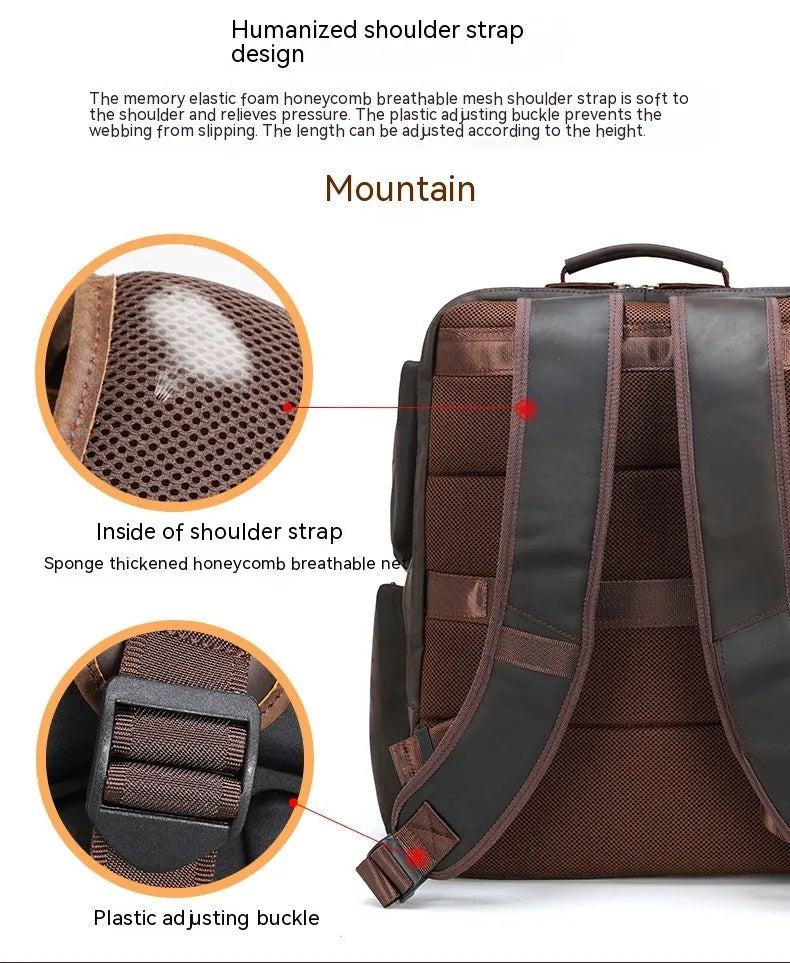 Dark brown retro crazy horse leather backpack for men with a 17-inch laptop compartment.