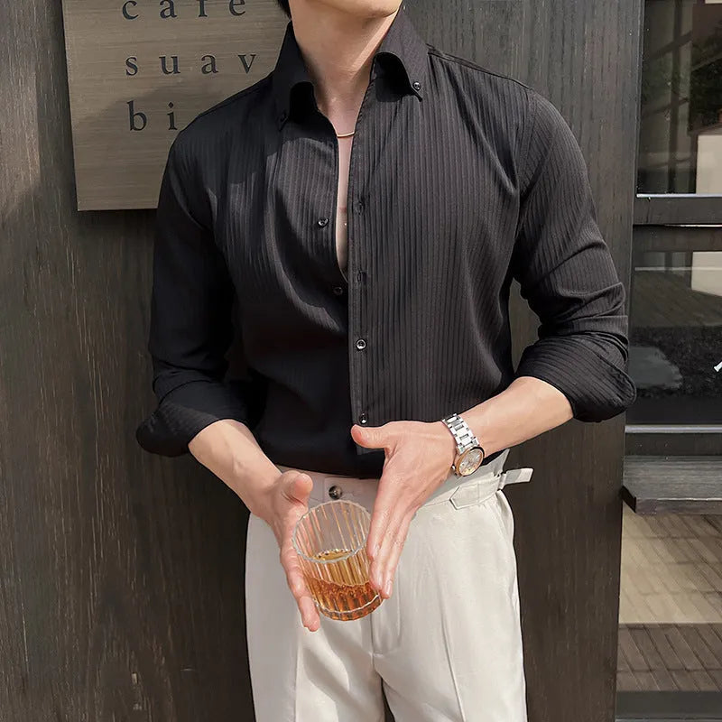 Men's dark striped V-neck long sleeve casual shirt in regular fit cardigan style