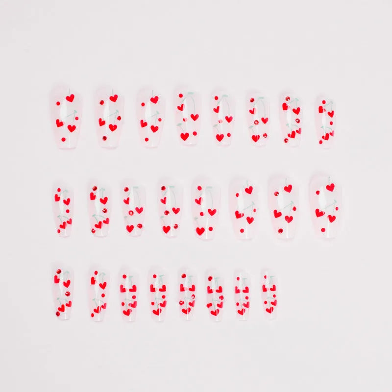 Self-adhesive nail wraps in JP1601 colour with French love red diamond and cherry pattern, pack of 24 with adhesive glue