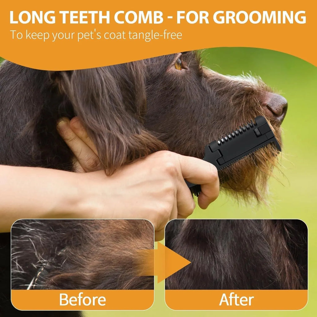 2 in 1 pet grooming razor comb for dogs and cats with replaceable blades on a white background.