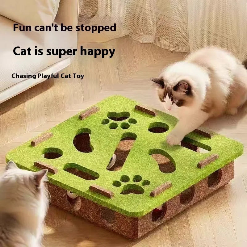 Felt cat scratching and hiding box toy in green brown colour measuring 30cm wide