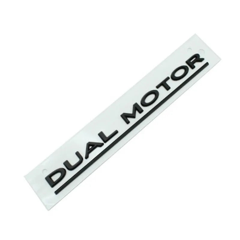 Tesla Model 3 dual motor performance badge sticker in matte black with red stripe, 19cm long.