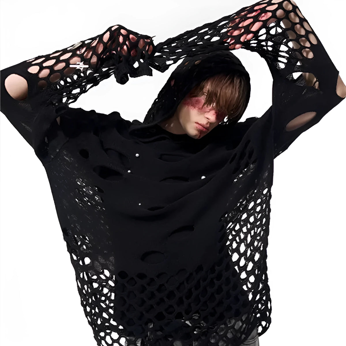 Men's black loose hoodie with pearl decoration on hood, thin spring sweater pullover design
