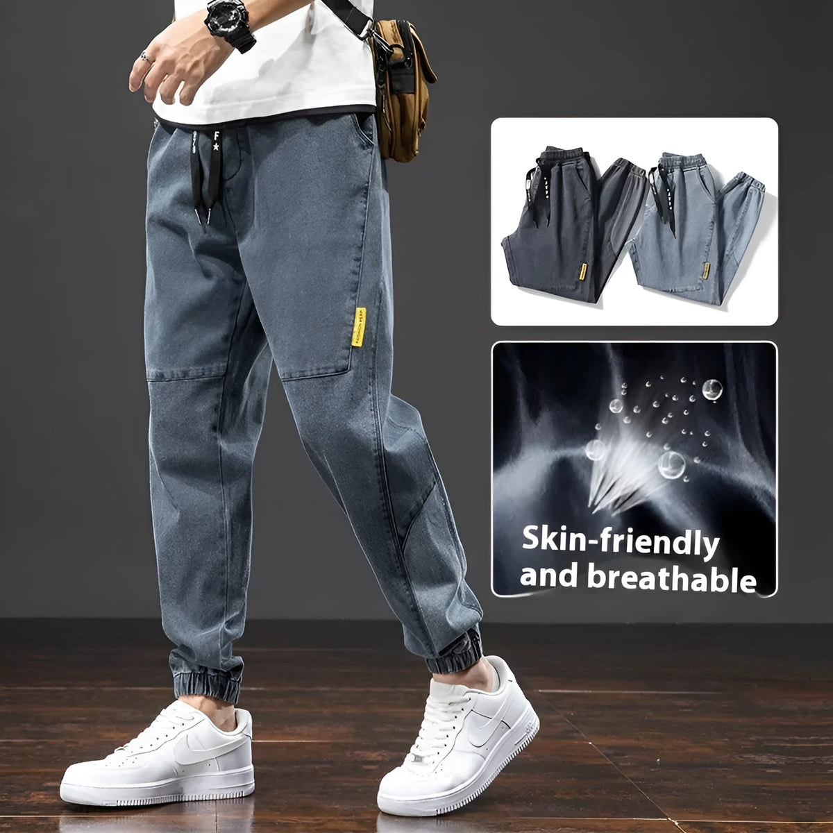 Man wearing straight leg cotton cargo jeans in blue, showing mid waist and skinny open leg style.